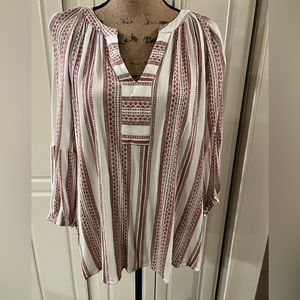Red and white stripe 3/4 length sleeve women’s top Brina and ‘Em